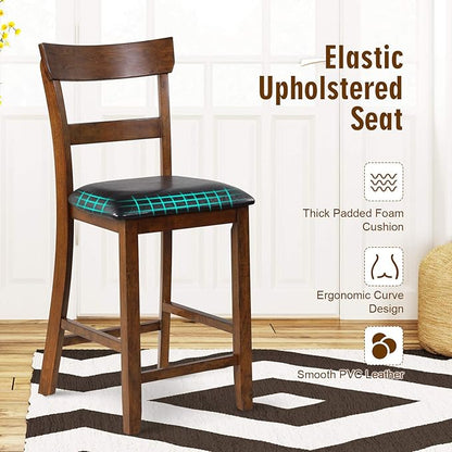 COSTWAY Bar Stools Set of 2, 25.5-Inch Counter Height Chair with Backrest, Foam-Padded Cushion, Rubber Wood Legs, Wooden Vintage Dining Chair for Bistro, Living Room, Kitchen, Brown and Black