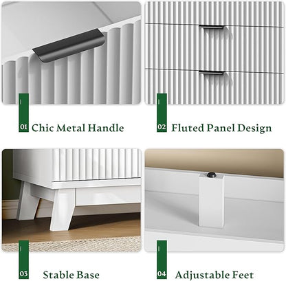 Fluted Dresser with 9 Drawers, 63" Wide Modern Chest of Drawers with Metal Handle, Wooden Dresser TV Stand, Wood Closet Clothes Storage Organizer for Bedroom, Living Room, Hallway, Solid White