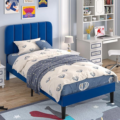 VECELO Twin Size Bed Frame with Upholstered Headboard, Velvet Platform Bedframe Mattress Foundation, Strong Wood Slat Support, No Box Spring Needed,Blue