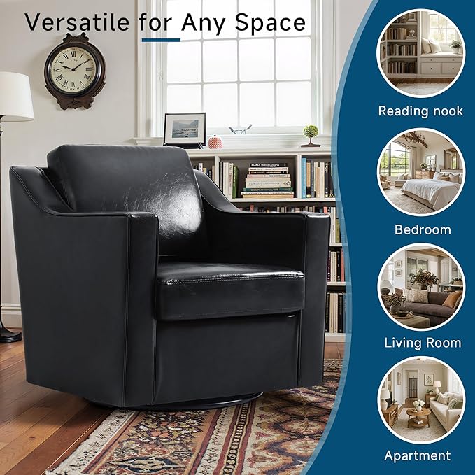 Pia Ricco Set of 2: Modern Oversized Faux Leather Swivel Accent Chairs w/Removable Covers for Living Room, Reception Value Pack,Black