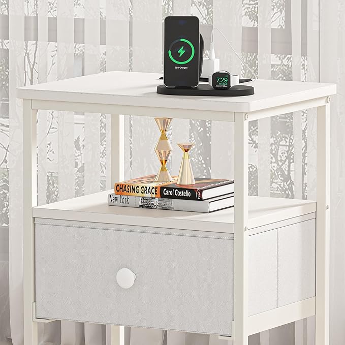 VECELO Night Stand with Charging Station, End Tables with Open Storage Shelf, Bed Side Tables with Fabric Drawers for Bedroom,Living Room,Elegant White