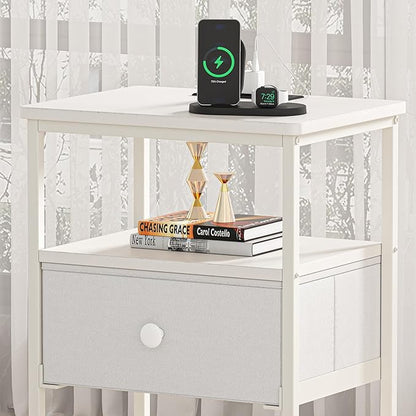 VECELO Night Stand with Charging Station, End Tables with Open Storage Shelf, Bed Side Tables with Fabric Drawers for Bedroom,Living Room,Elegant White