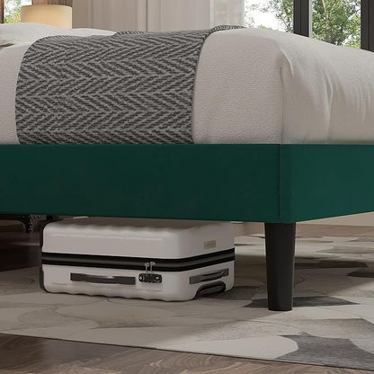 VECELO Queen Size Bed Frame with Upholstered Headboard, Velvet Platform Bedframe Mattress Foundation, Strong Wood Slat Support, No Box Spring Needed,Green