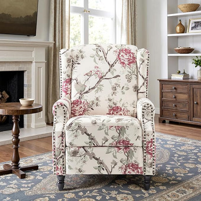 Recliner Chair, Upholstered Wingback Floral Pushback Armchair with Adjustable Backrest & Footrest, Comfy Accent Chair for Small Spaces, Living Room, Bedroom (Plants Floral, Set of 2)
