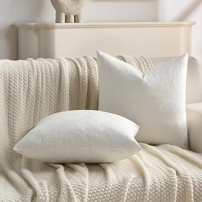 FUTEI Cream Velvet Throw Pillow Covers 20x20 Inch Set of 2,Soft Embossed Leaf-Relief Textured Cushion Cases,Natural Home Decor for Couch Living Room