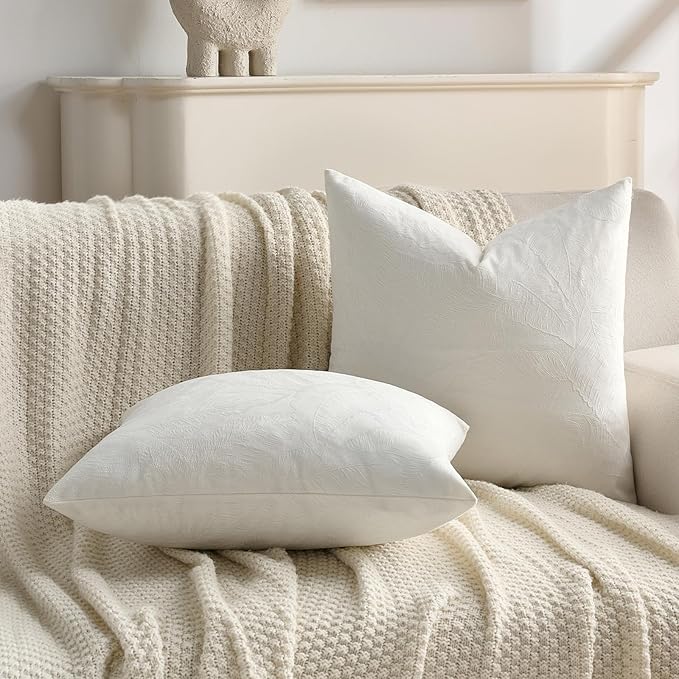 FUTEI Cream Velvet Throw Pillow Covers 22x22 Inch Set of 2,Soft Embossed Leaf-Relief Textured Cushion Cases,Natural Home Decor for Couch Living Room