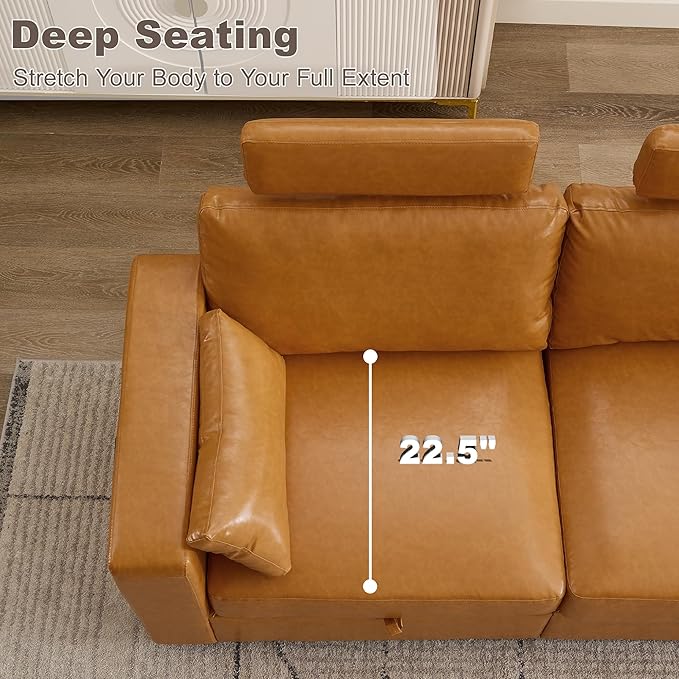 98.2" Oversized 3 Seater Storage Couch, Faux Leather Modular Sectional Sofa with Headrest & Side Pockets, Cloud Upholstered Couches Deep Seat, Sofas for Living Room Apartment Small Spaces, Brown