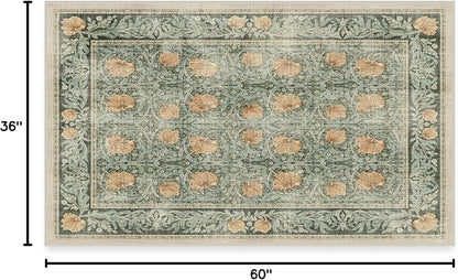 RUGGABLE x Morris & Co Washable Area Rug – Pimpernel Vintage Green 3x5, Stain-Resistant, Non-Slip – Small Machine Washable Rugs for Living Room, Bedroom, Hallway, Entryway & Office–with Standard Pad