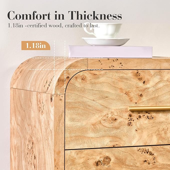 Curved 9-Drawer Dresser for Bedroom, 63" Wide Modern Chest of Drawers, Vanity Desk TV Stand for Living Room, Closet Storage Drawers Organizer Furniture, Nursery, Hallway, Light Burl