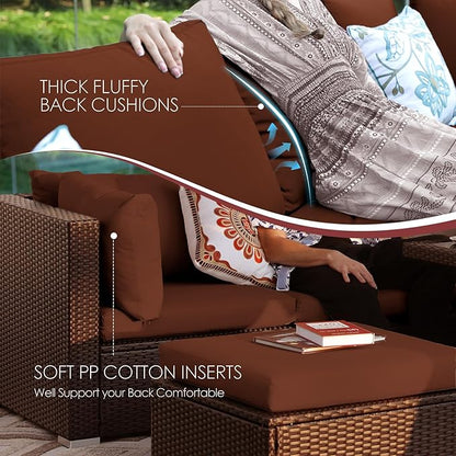 NICESOUL 9 Pcs Large Outdoor Patio Furniture Set with Firepit Natural Gas & Propane, 29.3 High Back Comfy Conversations Sofa Sets Modular, Wide Sectional for Heavy Weight, Brown Rattan and Red Cushion