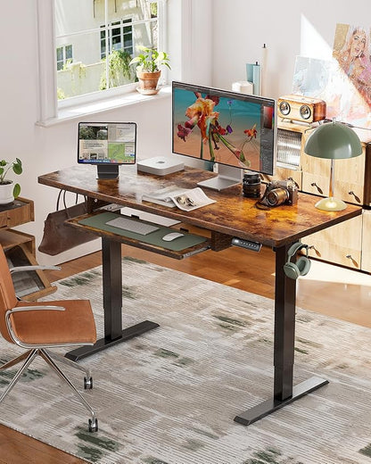 Marsail Electric Standing Desk with Ergonomic Keyboard Tray, Adjustable Desk with 27.5” to 46.7” Height Range, 4 Memory Presets, Smooth and Quiet Lifting, 48 x 24 inch Adjustable Height,TZESD14Rustic