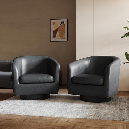 Lumibee Swivel Accent Chairs Set of 2, Faux Leather Swivel Barrel Chairs for Living Room, Modern Comfy Upholstered Round Armchairs Single Sofa Chairs for Bedroom, Club-Black
