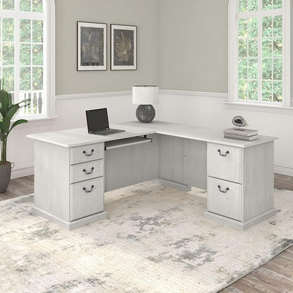 Bush Furniture Saratoga L Shaped Computer Desk with Drawers and Storage in Linen White Oak | Large Corner Office Table for Workspace