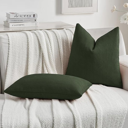 FUTEI Christmas Dark Green Chenille Decorative Throw Pillow Covers 24x24 Inch Set of 2,Soft Cozy Striped Geometric Patterns European Cushion Cases,Modern Home Decor for Couch Bed Living Room