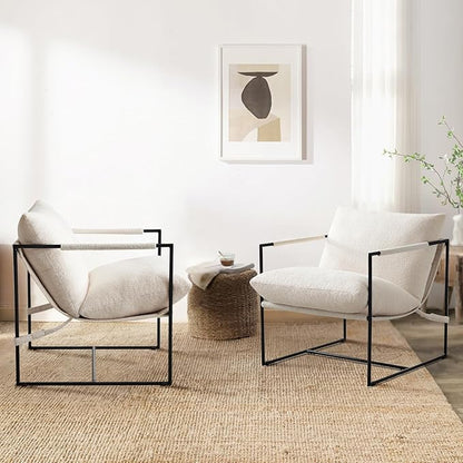 Furnilivng Large Sling Accent Chairs Set of 2, Comfortable Boucle Fabric Arm Chair, Upholstered Cozy Reading Chair for Living Room, Bedroom, Dressing Room, Home Office, White