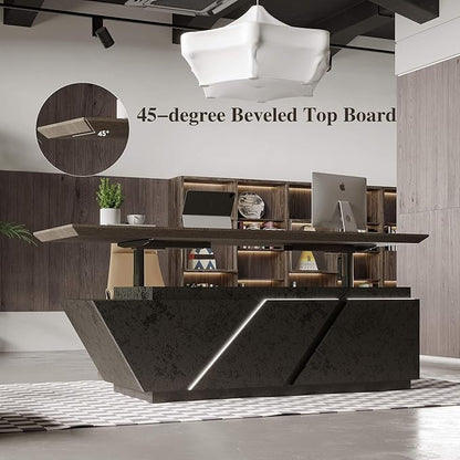 SAINTCY Adjustable Executive Desk - Luxury L Shaped Desk with Drawers, Large Table with File Cabinets, Executive Office Desks with LED Light Strip Home Office Desk for Professionals