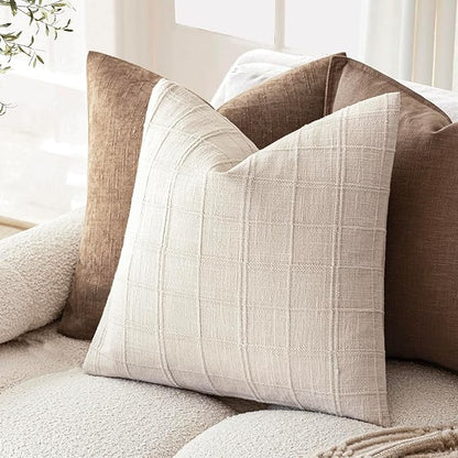Foindtower Set of 2 Decorative Linen Check Throw Pillow Covers Neutral Farmhouse Vintage Cushion Covers Modern Boho Home Decor for Sofa Chair Couch Bedroom Living Room,16×16 Inch,Natural Beige