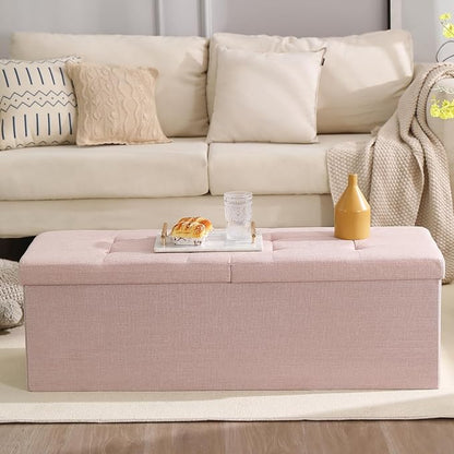 CUYOCA 45.3 Inches Storage Ottoman Bench Foldable Seat Footrest Shoe Bench End of Bed Storage with Flipping Lid, 166L Storage Space, Linen Fabric Pink