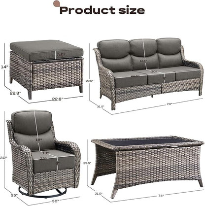 Rilyson Wicker Outdoor Patio Furniture Set - 6 Piece Patio Conversation Sets with Swivel Rocker Chairs, Ottomans, Sofa and Coffee Table, 6 inch Cushions, Deep Seating, for Porch Deck Mixed Grey/Grey