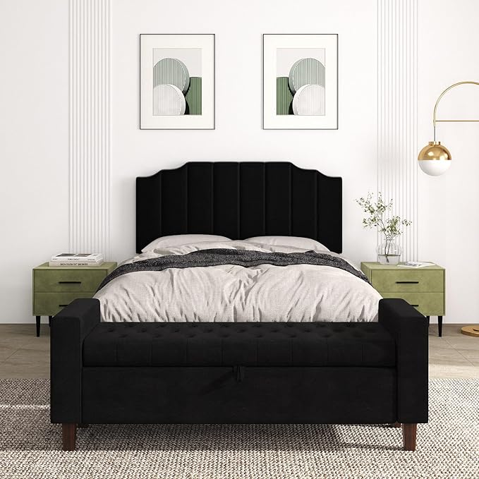Queen Size Headboard Only, Velvet Wall Mounted Headboard Queen Size for Adjustable Bed, Modern Vertical Channel Design with Curved Tufted Upholstered Head Board and Luxury Soft Padded, Black