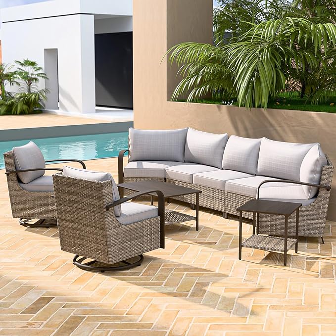 COOS BAY Aurora Terrace Half-Moon Outdoor Furniture Set, Rattan Conversation Set with Swivel Rockers, Curved 5-Seat Sofa, Coffee Table & Side Table, Seats 7, Beige/Beige