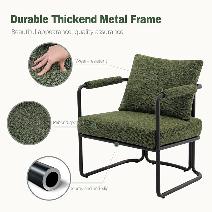 Accent Chairs Set of 2 for Living Room, Mid Century Modern Upholstered Reading Armchairs for Bedroom, Office, with Comfy Chenille Cushion & Metal Frame, Green