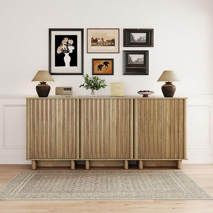 Sideboard Buffet Cabinet with Storage, Natural Freestanding Floor Cabinet Farmhouse Sideboard with 2 Fluted Doors Wooden Hallway Cabinet Media Console Table Credenza for Living Room Dining Room, 3PCS
