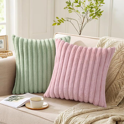 Pallene Faux Fur Plush Throw Pillow Covers 22x22 Set of 2, Luxury Soft Fluffy Striped Decorative Pillow Covers for Sofa, Couch, Living Room, Blush Pink
