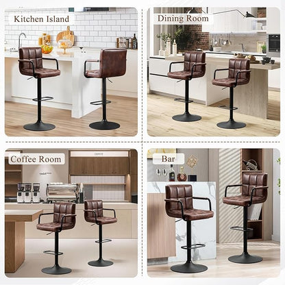 Furniliving Bar Stools Set of 2 with Back, Modern Square PU Leather Kitchen Stools with Armrest, Adjustable Counter Height Barstools for Kitchen Bar Pub Cafe (Darkbrown)