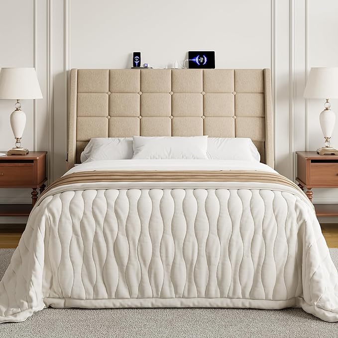 Full Size Headboard with Charging Station, Ergonomic Upholstered Linen Headboards Only, Wingback Wood Bed Head Board with Storage Pocket, Bed Frame Adapters, Beige
