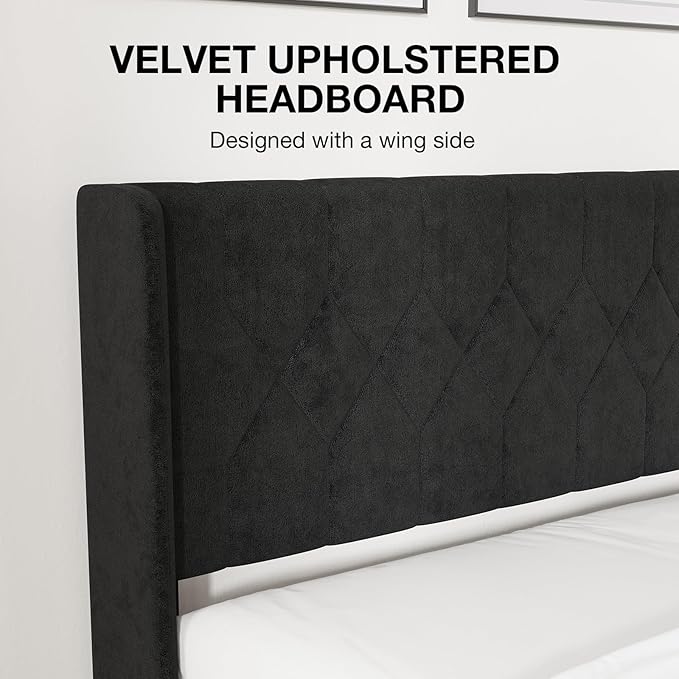 Novilla Full Size Bed Frame, Full Bed Frame with Headboard, Velvet Upholstered Pull-Point Wing Side Headboard, No Box Spring Needed, Heavy Duty Feet, Easy Assembly, Black Velvet