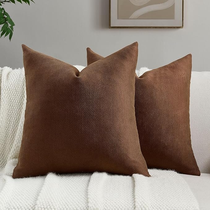 FUTEI Dark Brown Chenille Throw Pillow Covers 20x20 Inch Set of 2,Soft Wide Chevron Textured Cushion Case,Farmhouse Home Decor for Couch Bed Living Room