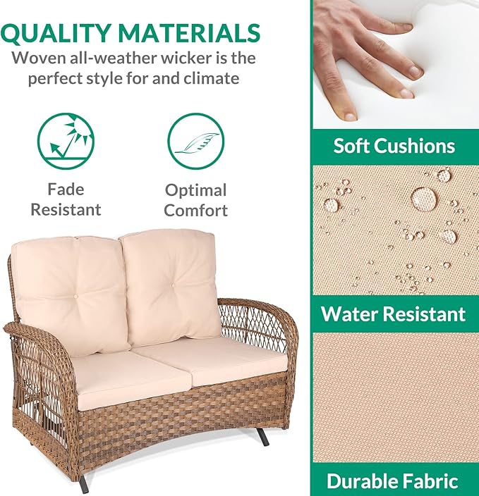 VIVIJASON 5-Piece Outdoor Patio Wicker Conversation Sets, All Weather Outdoor Rattan Furniture Set Includes Glider Loveseat, 2 Coffee Table, 2 Rocking Chairs with Cushions for Backyard, Light Brown