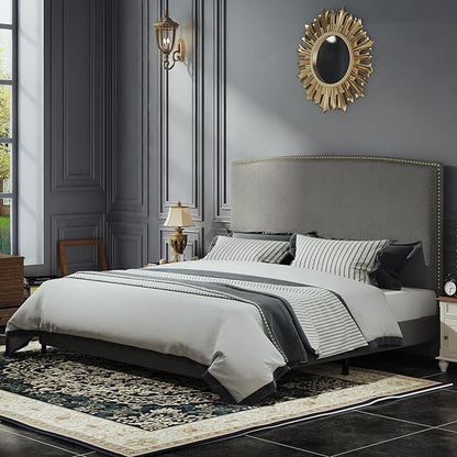 King Size Bed Frame and Headboard, 56" Upholstered Platform Bed with Nailhead Trim, Soft Boucle Fabric, No Box Spring Needed, Easy Assembly, Grey