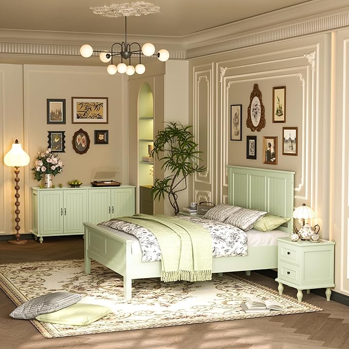 Scurrty Modern Headboard with Vintage Wood Frame,Antique Style Wood Headboard Queen Size, Bedroom Furniture (Green)