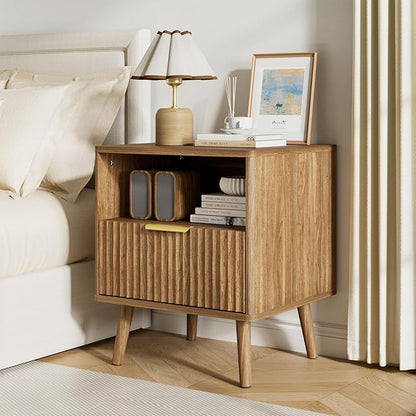 LYNSOM Fluted Dresser and Nightstand Sets 2 Piece, 1-Drawer Nightstands and 7-Drawers Dresser, Wood Bedroom Furniture Set for Home, Bedroom, Hallway, Natural Oak