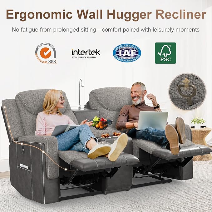 Loveseat Recliner, Manual Reclining Loveseat Sofa with Reading Light, Chic Blend Style Sofa, Storage Console, Cup Holders, USB Ports, Fabric & PU Leather, Recliner Couch for Living Room/RV