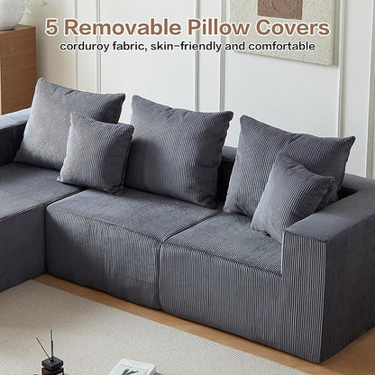 Boneless Couch, 101" Corduroy Couch with Deep Seat, Modular Sectional Sofa in a Box, Memory Foam Compressed Sofa for Living Room (Grey)