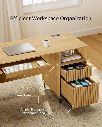 Fluted Executive Desk, 55" Modern Wood Home Office Desk with Charging Station, File Drawer, Open Storage, Computer Writing Desk for Work Study Writing, Natural Oak