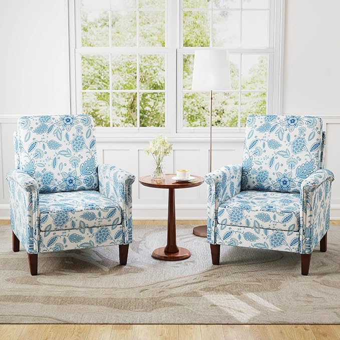 GOFLAME Floral Accent Chairs Set of 2, Comfy Upholstered Armchairs with Rubber Wood Legs and Thick Padded Cushion, High Back Single Sofa Chairs, Reading Side Chairs for Living Room, Bedroom, Blue