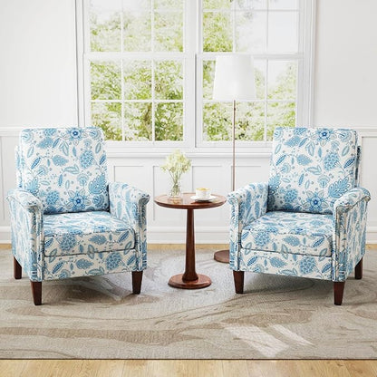 GOFLAME Floral Accent Chair, Comfy Upholstered Armchair with Rubber Wood Legs and Thick Padded Cushion, High Back Single Sofa Chair, Reading Side Chair for Living Room, Bedroom, Blue