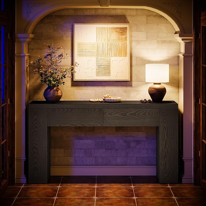 Tribesigns 63-Inch Wooden Console Table with 2 Hidden Drawers, Farmhouse Rustic Brown Sofa Table for Living Room, Hallway, Entrance, Foyer, Easy Assembly (Black)