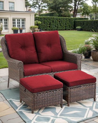 Patio Loveseat Outdoor Wicker Sofa - Heavy Duty All-Weather Brown Rattan 2-Person Sofas with High Back and Comfortable Thick Cushions for Garden Back Porch Poolside Apartment - Red