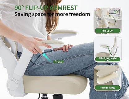Office Chair - Ergonomic Desk Chair with Adjustable Headrest Lumbar Support Computer Chair - Mesh Comfy Chairs with Flip-up Armrests - Big and Tall Gaming Chairs for Adults Home Office(Beige)