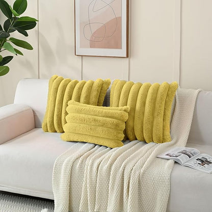 FUTEI Mustard Yellow Decorative Throw Pillow Covers 22x22 Inch Set of 2, Square Soft Faux Rabbit Fur Big Striped Cushion Cover,Home Decor for Couch Sofa Bed Living Room