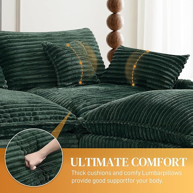 HYJT-H&K 145" U Shaped Cloud Couch Modular Green Sectional Couches for Living Room, Comfy Fluffy Corduroy Oversized Cloud Sectional Couch Large 6 Seat Sectionals Sofa Set Central Console USB Port