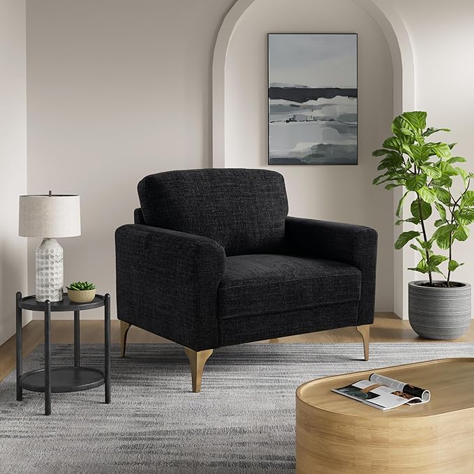 Studio Living® Matthew 39.8" Arm Chair, Mid-Century Modern, Pocket Coil Comfort, Metal Brushed Bronze Legs, Chenille Fabric, Black