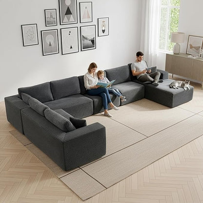 Modular Sectional Cloud Couch for Living Room,Modern Boneless Couche Set with Plush Corduroy,Comfy Floor Sofa with Memory Foam,Stupendous U Shaped Sofa with Chaise,No Assembly Required,Grey