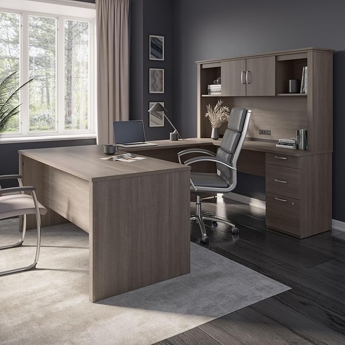 Bestar Logan 66W U or L-Shaped Executive Office Desk with Pedestal and Hutch in Bark Grey, Table Workstation for Personal Home Workspace