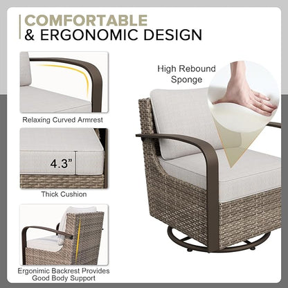 COOS BAY Aurora Terrace Half-Moon Outdoor Furniture Set, Rattan Conversation Set with Swivel Rockers, Curved 4-Seat Sofa, Coffee Table, Seats 6, Beige/Beige